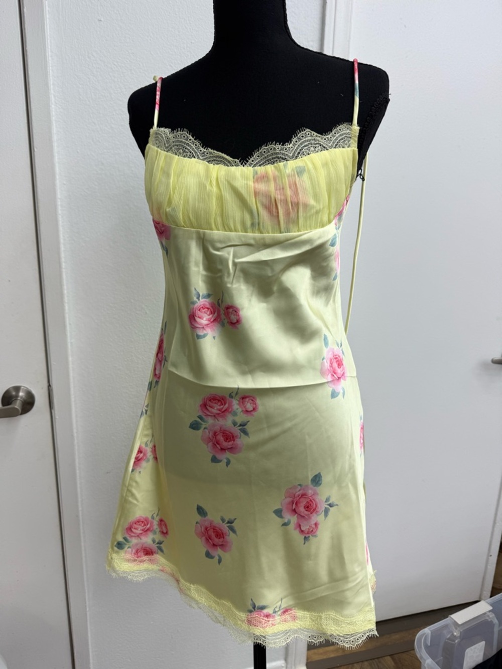 Floral Lace Trim Yellow Slip Dress